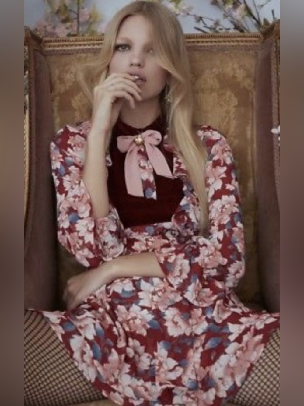 For Love And Lemons Pink and Red Floral Velvet-Trim Mini Dress